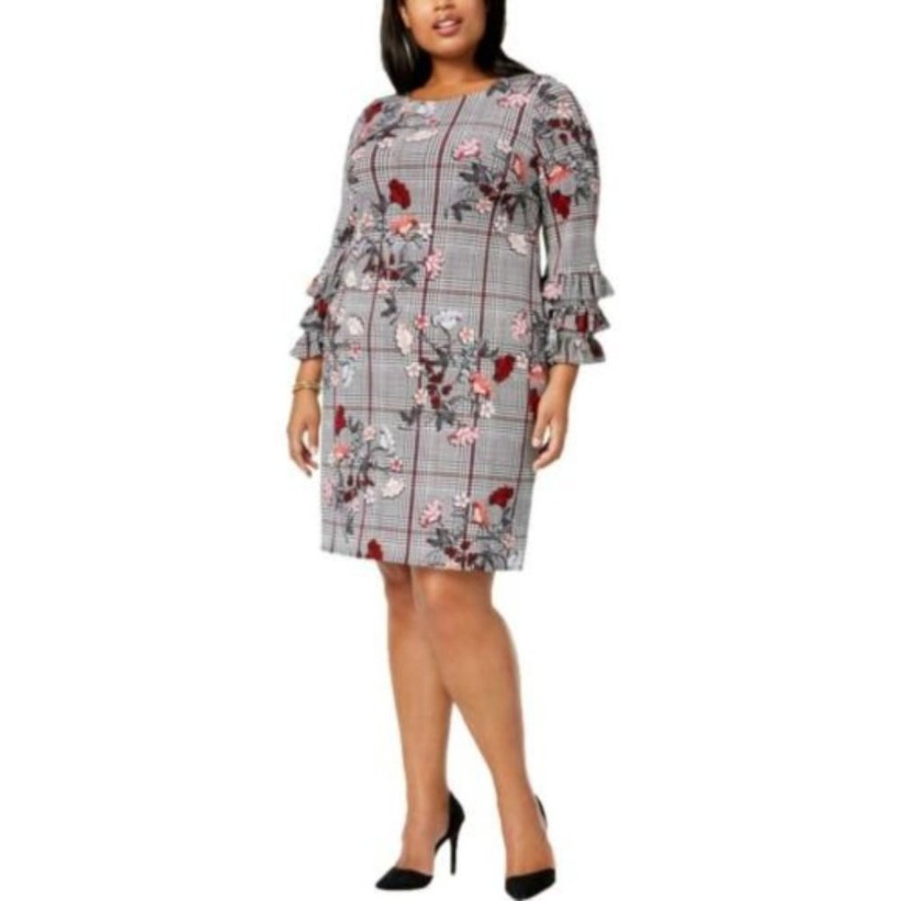 Alfani Gray Plaid Floral Midi Dress with Pink & Red Accents